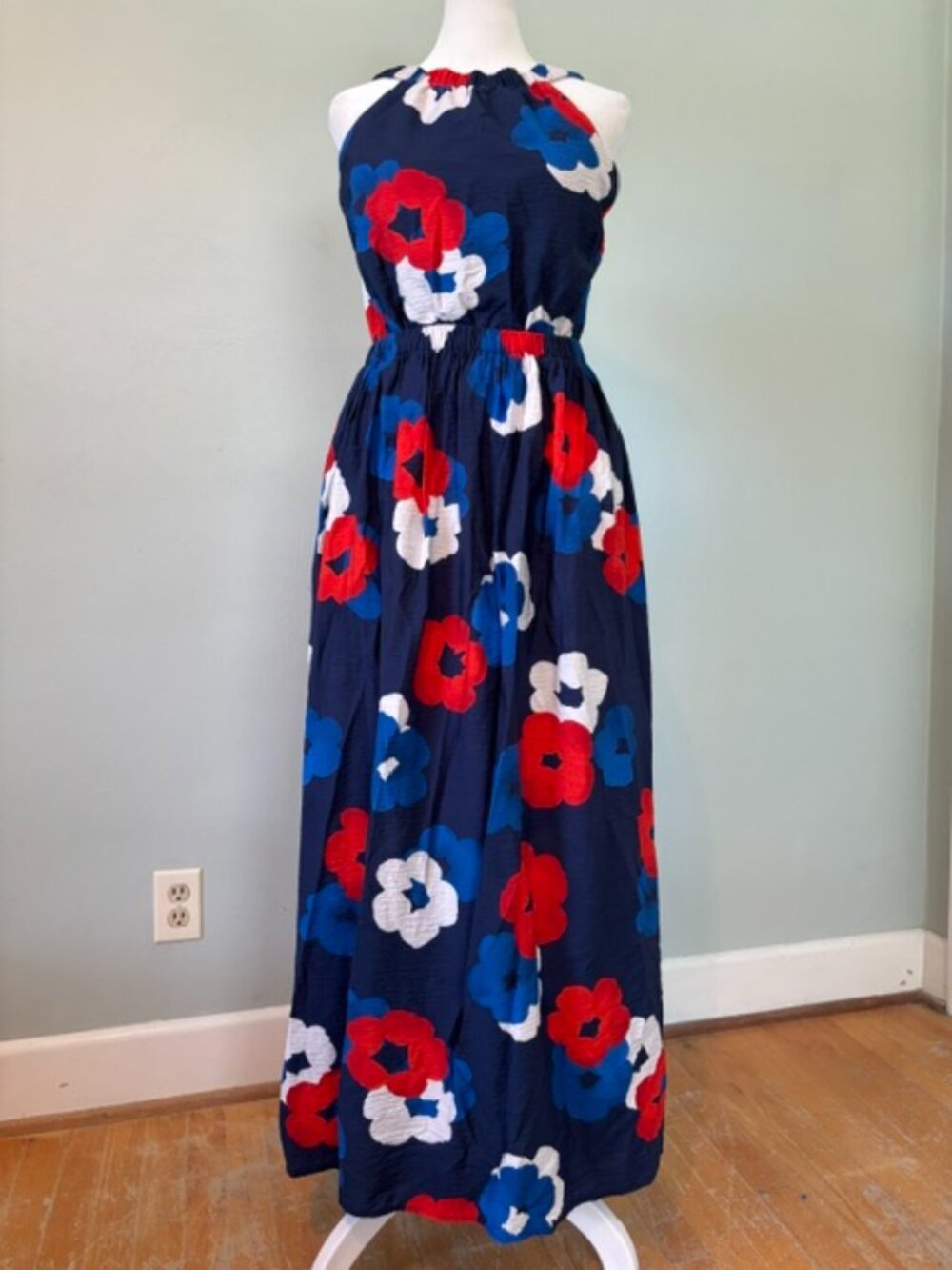Banana Republic Red White & Blue Floral Halter Maxi Dress w/Cutout Back Size Med